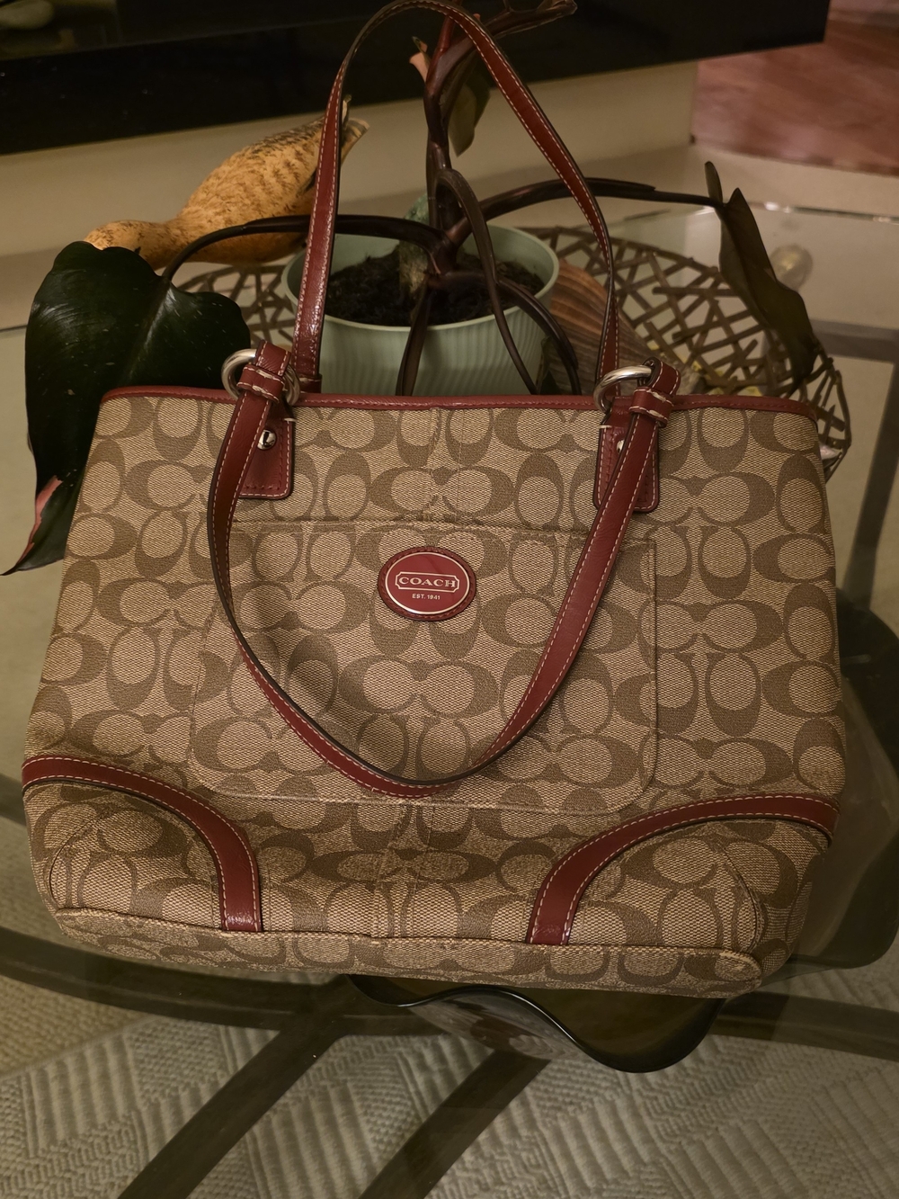 Coach Khaki Crimson Peyton Tote  F189917